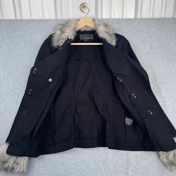 VTG Tripp NYC Jacket Womens M Black Faux Fur Goth Punk Hook Eye Asymmetrical Y2K - Picture 5 of 11